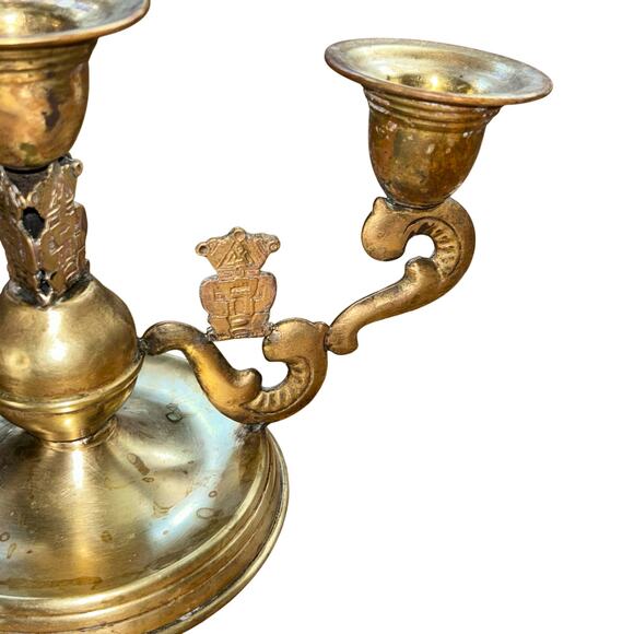 Vintage ornate Aztec brass three-arm candelabra boho Hollywood - Picture 4 of 11
